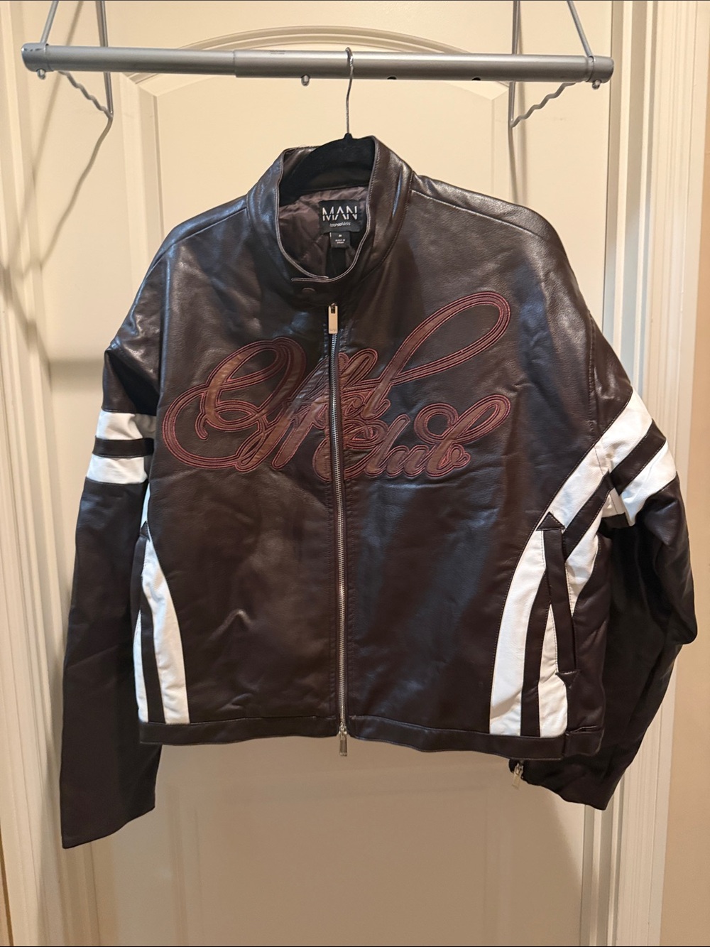 Boohoo Brown Leather Zip Jacket with White Stripe Accents